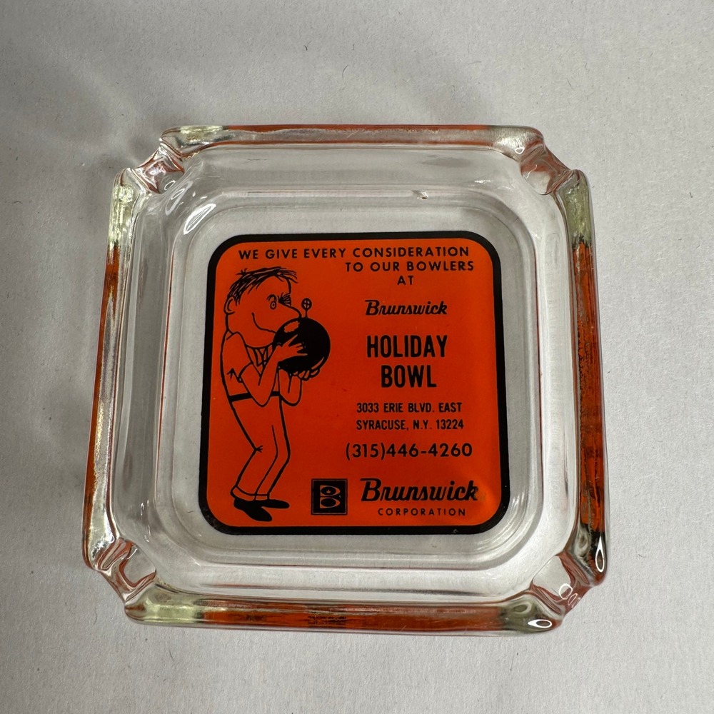 Vintage Brunswick Holiday Bowl Syracuse NY Glass Ashtray Bowling Advertising